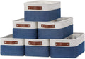 DULLEMELO Set of 6 Small Baskets for Organizing, Small Fabric Storage Bins for Toys Storage, Collapsible Storage Bins with Leather Handles for Shelves, Closets, Laundry, Nursery(White&Blue)