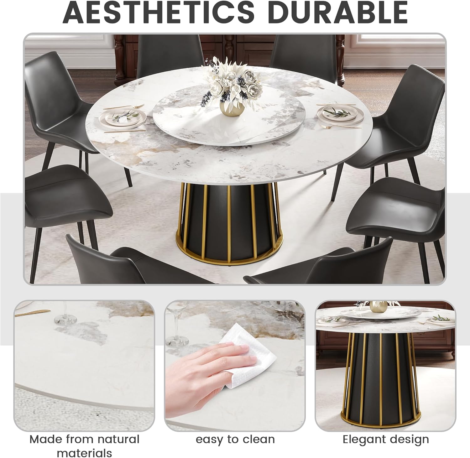 Montary 59" Modern Artificial Marble Round Dining Table with Metal Iron Base & 31.5" White Sintered Stone Turntable, Dining Room Table with Lazy Susan for 6-8 (Only Table)