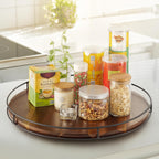 18" Acacia Wood Lazy Susan Turntable with Metal Frame - Large Brown Lazy Susans Organizer Countertop Storage - Wooden Serving Tray for Charcuterie Cheese Board - Kitchen Counter Rotating