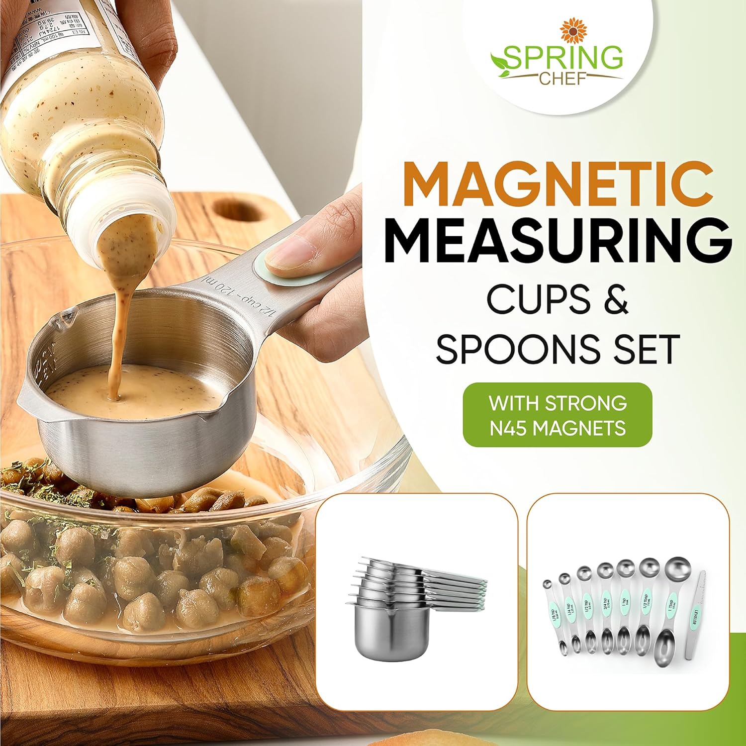 Spring Chef Magnetic Measuring Cups & Spoons Set (Patent Pending), Strong N45 Magnets, Heavy Duty Stainless Steel Fits in Spice Jars for Baking & Cooking, BPA Free, Round Set of 15 with Leveler, Mint
