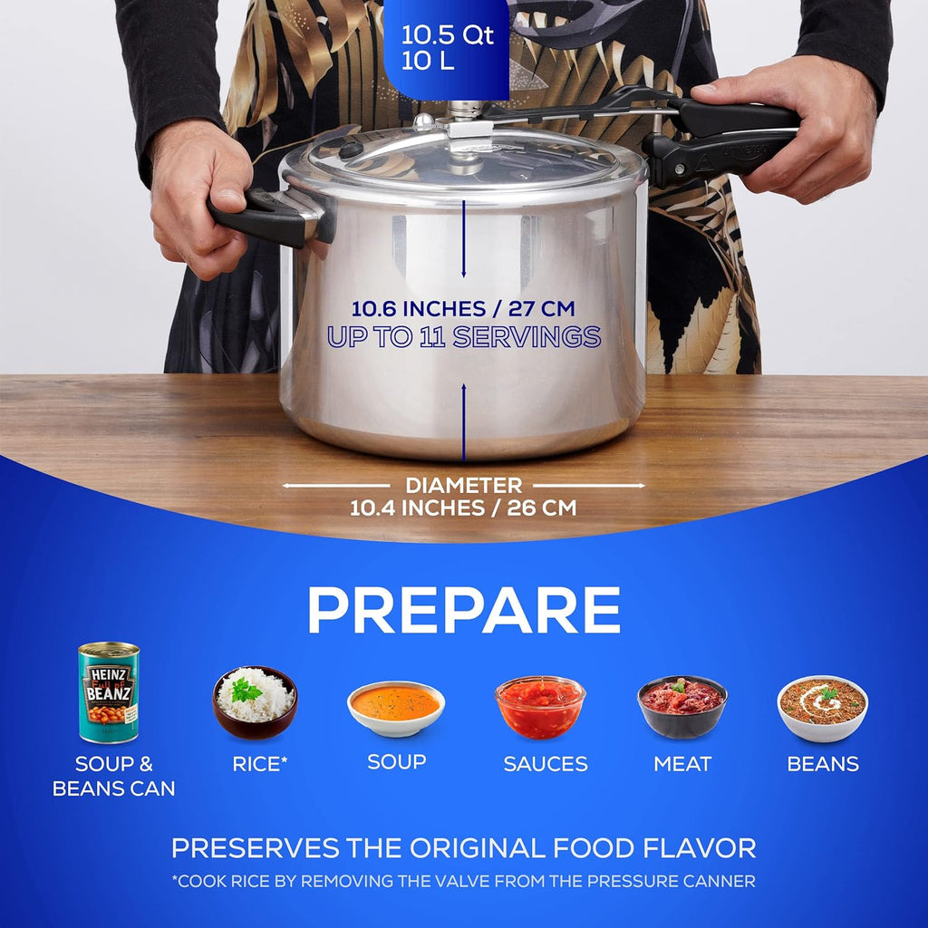 Universal (10.5 Quart / 10 Liter) Pressure Cooker, 11 Servings, Aluminum Pressure Cooker With Multiple Safety Systems and Heat Resistant Handles For Stews, Soup, Meat, and Beans