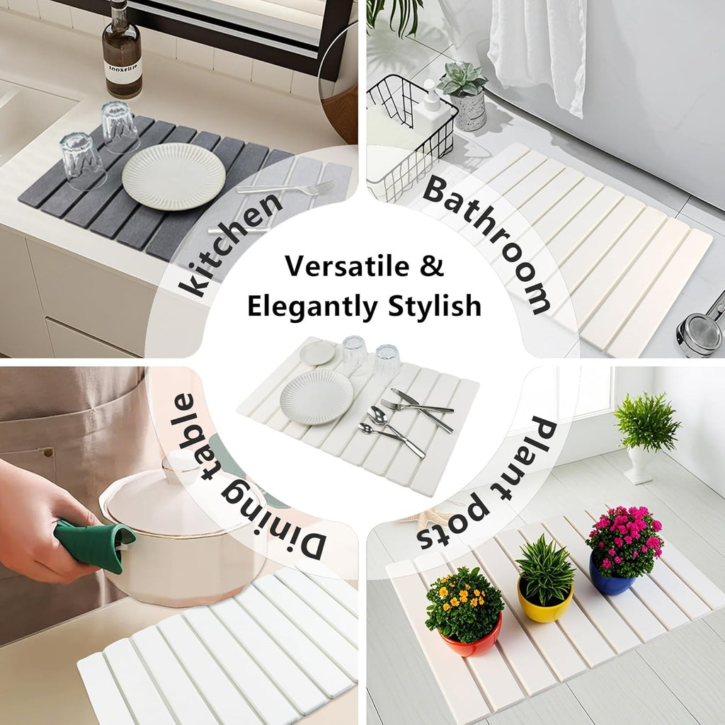 Large Stone Drying Mat for Kitchen Counter Diatomaceous Earth Collapsible 24”（L）*16”（W）Super Heat Resistant Mats, Quick Absorbent Dish Drying Rack（Gold marble）