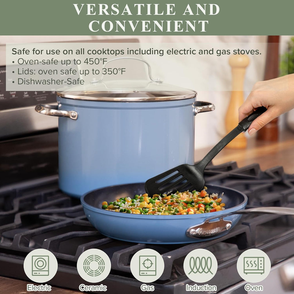 Nuwave Healthy Duralon Blue Ceramic Nonstick Cookware Set, Diamond Infused Scratch-Resistant, PFAS Free, Dishwasher & Oven Safe, Induction Ready & Evenly Heats, Tempered Glass Lids & Stay-Cool Handles