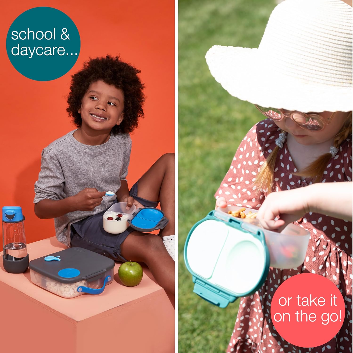 b.box Snack Box Reusable Snack Containers with Lids 2 compartments, Bento Box for kids and toddlers, Leakproof Lunch Box, BPA free and Dishwasher Safe Snack Container (Lilac Pop, 1 3/4 Cup)
