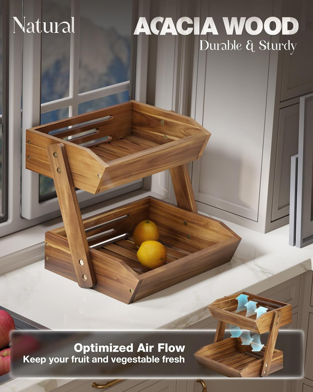 Fruit Basket, Fruit Bowl, 2 Tier Fruit Basket for Kitchen Counter, Produce Stand Storage Holder, Heavy Duty/Multipurpose/Large Capacity for Onion Potato, Vegetables, Spice Jars, Bread Storage