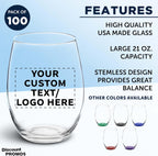 DISCOUNT PROMOS 100 ARC Stemless Wine Glasses Set, 21 oz. - Customizable Text, Logo - Chardonnay, Cabernet, Merlot, Sauvignon - Clear