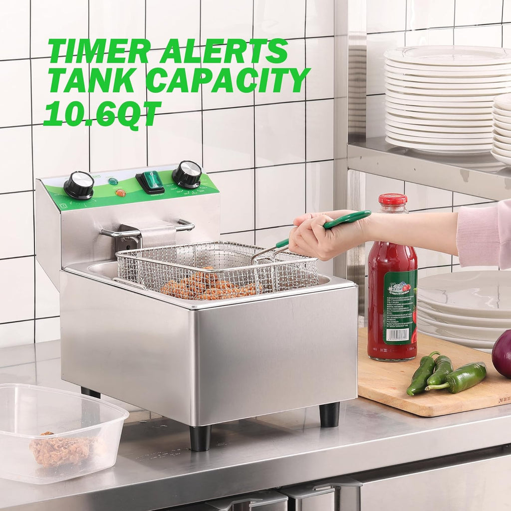 Electric Deep Fryer with Timer 10L/10.6QT Commercial Deep Fryer with Basket and Lid, Temp Control, 1700W/110V Stainless Steel Single Oil Fryer Countertop Fryer for Home and Restaurant Use