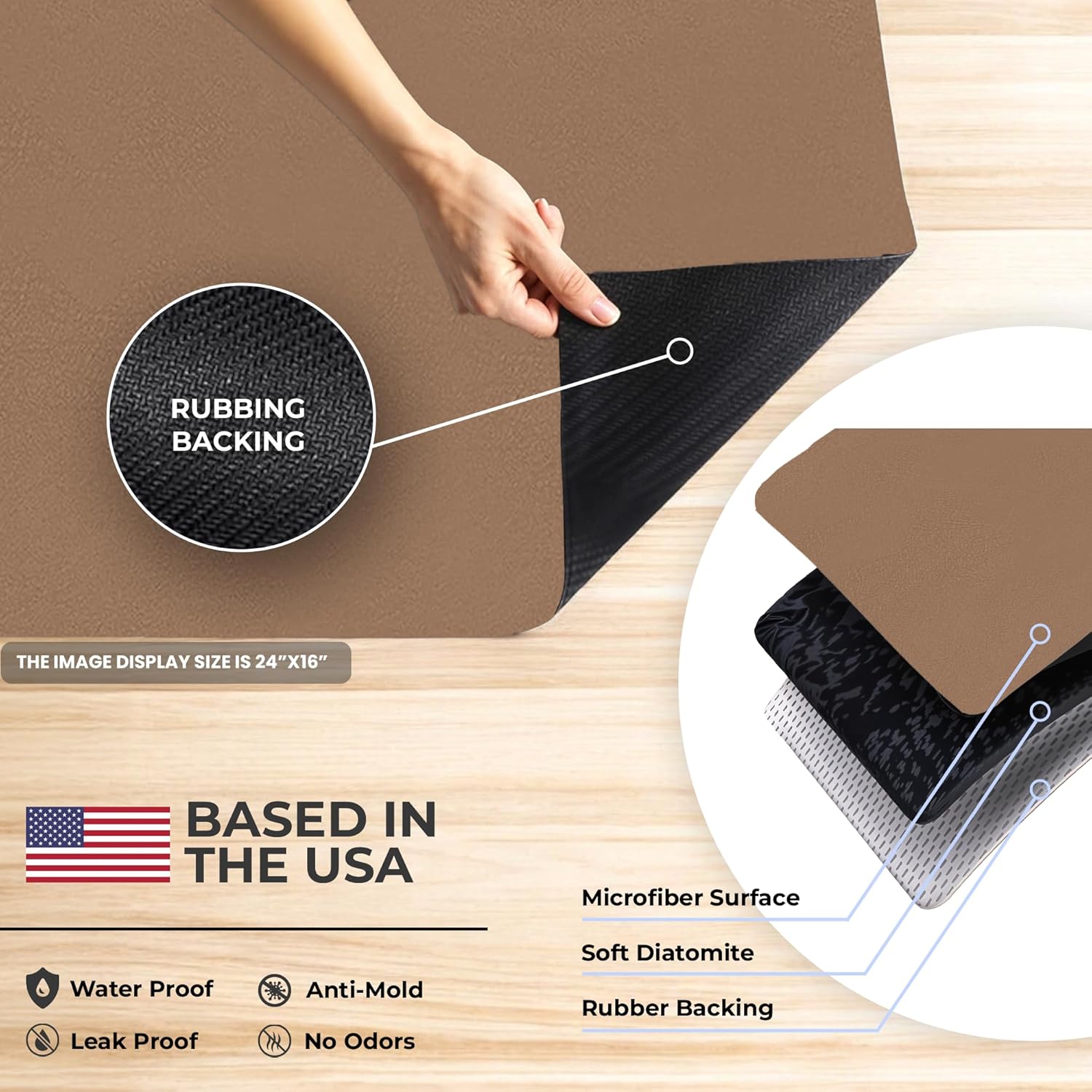 Dish Drying Mat Super Absorbent – 24" x 16" Coffee Mat for Countertops – Non-Slip Drying Mat for Kitchen Counter – Easy to Clean Water Absorbent Mat – Large Dish Drying Mats (Brown)