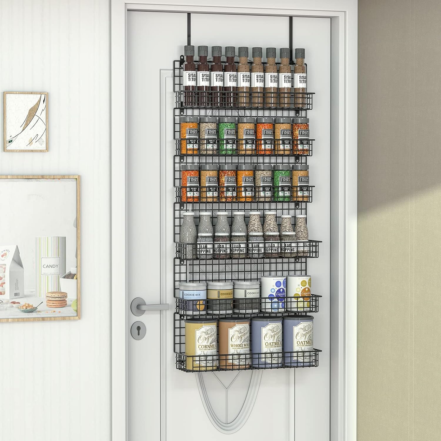 JKsmart 6-Tier Spice Rack Organizer with Door Hook, Wall Mounted & Over the Door Spice Racks for Kitchen Pantry Door Cabinet, Two Size, Large Capacity, Black
