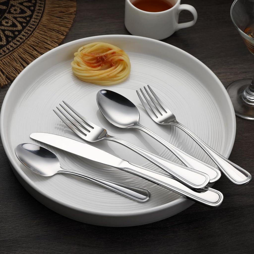 Amazon Basics Silverware Set, Stainless Steel Flatware, Dishwasher Safe, Service for 4, 20-Piece Forks and Spoons, Crown Edge