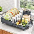 SAYZH Dish Drying Rack - Expandable Dish Rack for Kitchen Counter, Rust-Resistant Dish Drainer with Utensil Holder and Raised Guardrail, Kitchen Organizer for Cup and Bottle (Grey)