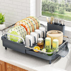 SAYZH Dish Drying Rack - Expandable Dish Rack for Kitchen Counter, Rust-Resistant Dish Drainer with Utensil Holder and Raised Guardrail, Kitchen Organizer for Cup and Bottle (Grey)
