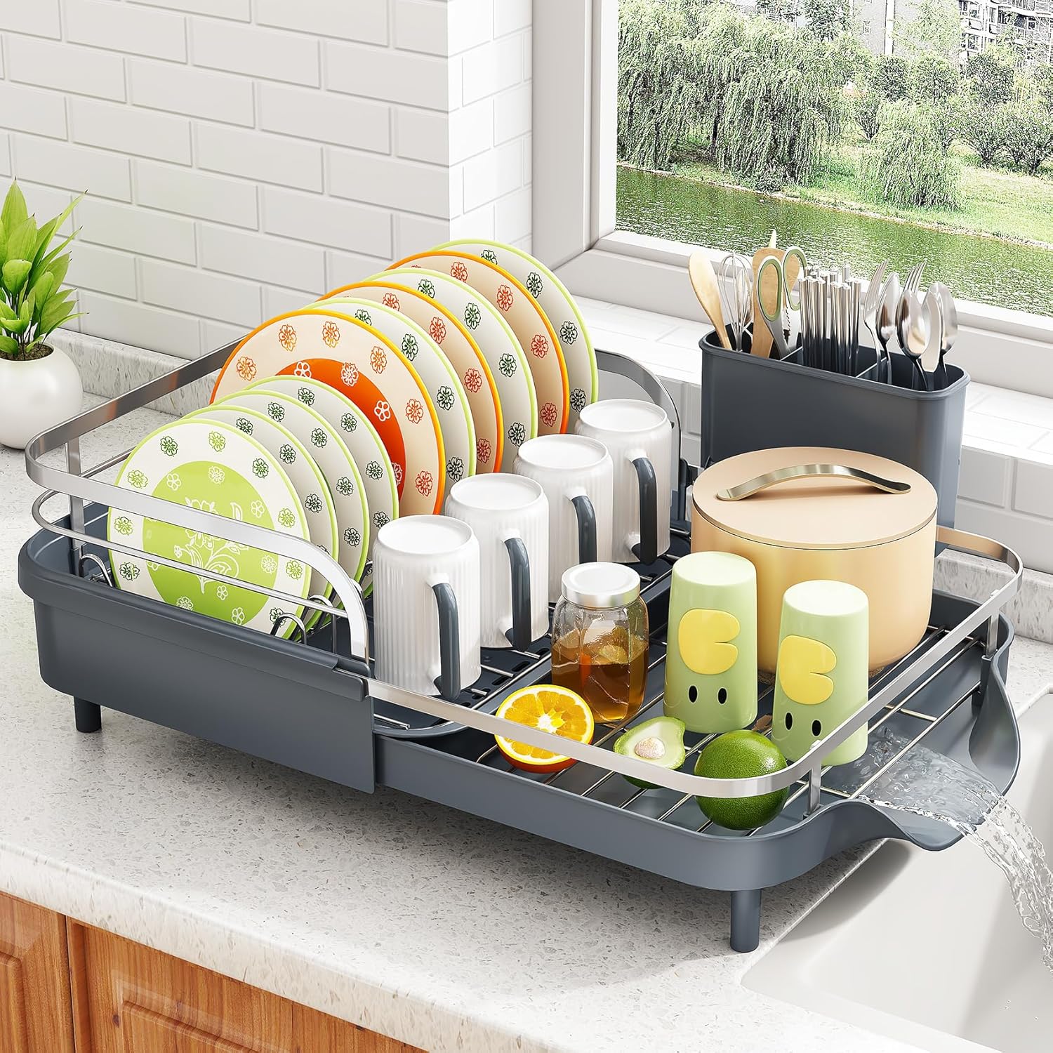 SAYZH Dish Drying Rack - Expandable Dish Rack for Kitchen Counter, Rust-Resistant Dish Drainer with Utensil Holder and Raised Guardrail, Kitchen Organizer for Cup and Bottle (Grey)
