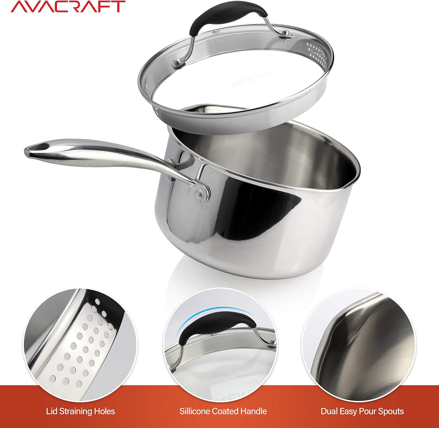 AVACRAFT Tri-Ply Stainless Steel Saucepan with Glass Strainer Lid, Two Side Spouts, Multipurpose Sauce Pan with Lid, Sauce Pot, Cooking Pot (Tri-Ply Full Body, 3.5 Quart)