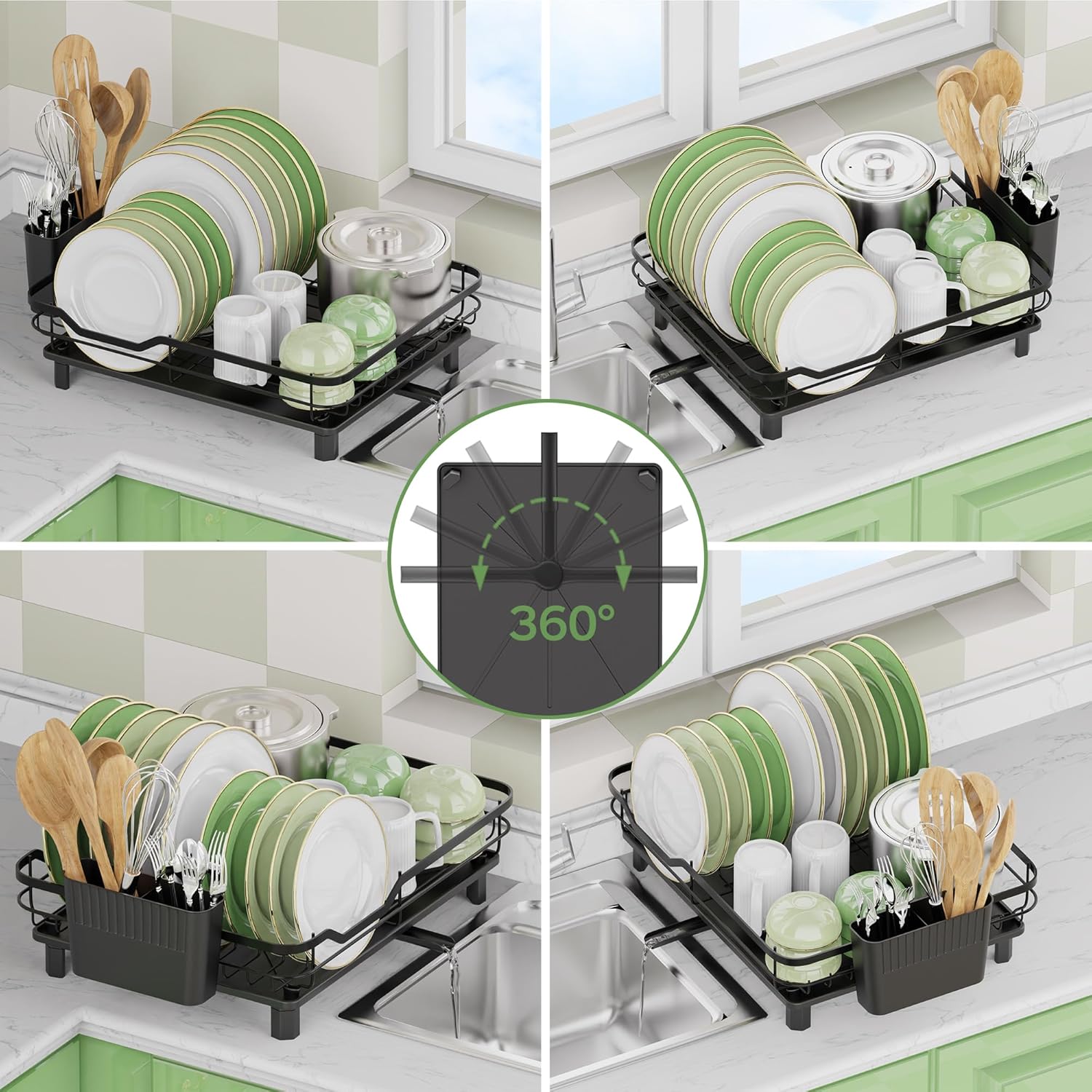 Dish Drying Rack, Stainless Steel Rustproof Dish Rack for Kitchen Counter, Sturdy Dish Drainer with Drainboard, Drainage, Utensil Holder for Various Kitchenware, 16.2"(L) x 12.6"(W), Black