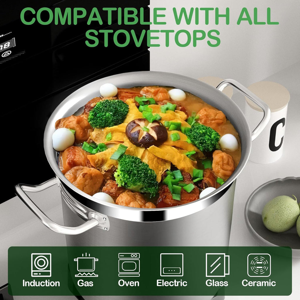 Extra-Large Stainless Steel Stock Pot – Commercial Heavy Duty Soup Pot with Lid, 3-Ply Base for Fast Heating, Ideal for Seafood Boils and Outdoor Cooking - 100 Quart
