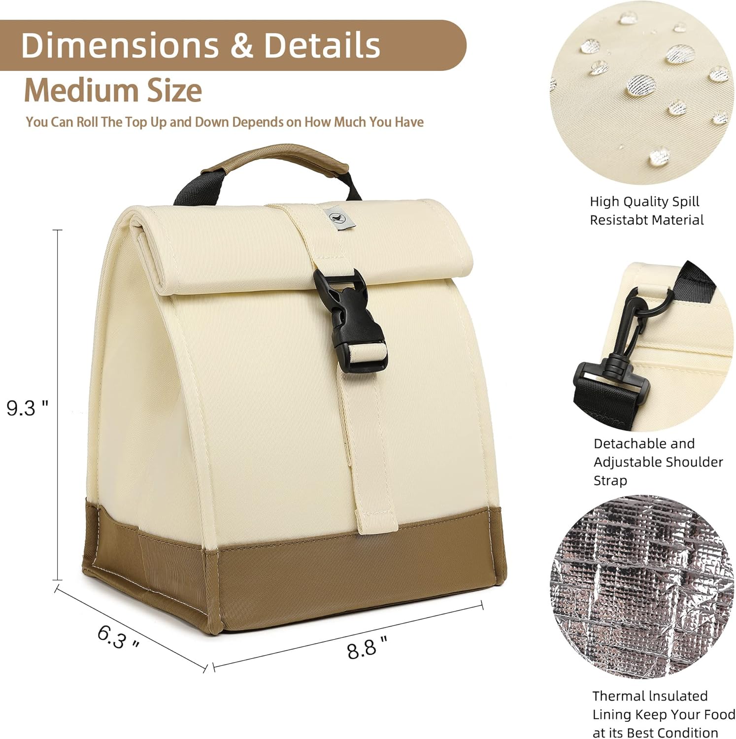 SUNNY BIRD Insulated Lunch Bag Rolltop Lunch Box Medium Lunch Cooler Tote for Women, Girls, Teens and Adults (White)