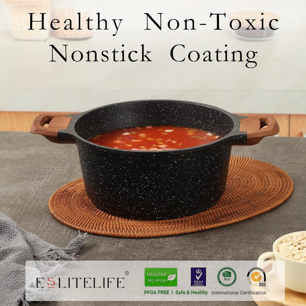 ESLITE LIFE Nonstick Stock Pot with Lid, 7 Quart Granite Casserole Large Soup Pot Pasta Cooking Pot, Induction Compatible, PTFE & PFOA Free, Black