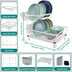 2-Tier Dish Drying Rack for Kitchen Counter,Space-Saving Dish Rack with Drainboard,Rustproof Countertop Dish Drainer with Utensil Holder for Sink,White