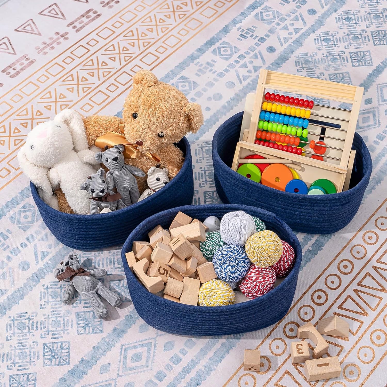 CubesLand Small Storage Baskets for Shelves, Navy Blue Closet Organization Storage Bins Empty Gift Basket 3 Packs Baby Nursery Woven Baskets for Organizing, Rectangular Clothes Closet Shelves Baskets