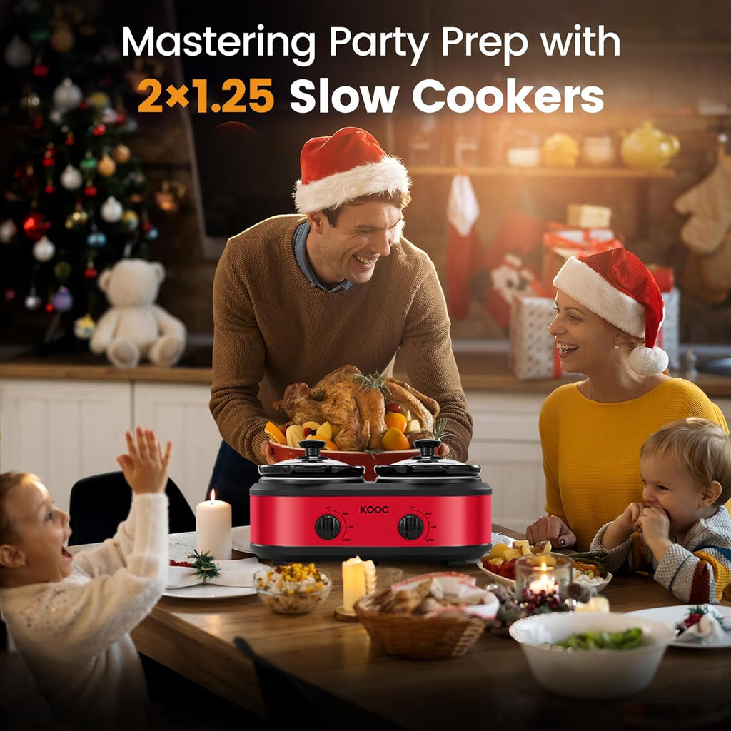 KOOC Double Small Slow Cooker, Buffet Server and Warmer, 2 Mini Pots with 3 Individual Adjustable Temp, Dual Ceramic Pots, Free Liners for Easy Clean-up, Stainless Steel, Total 2.5 Quart, Red, Round
