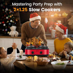 KOOC Double Small Slow Cooker, Buffet Server and Warmer, 2 Mini Pots with 3 Individual Adjustable Temp, Dual Ceramic Pots, Free Liners for Easy Clean-up, Stainless Steel, Total 2.5 Quart, Red, Round