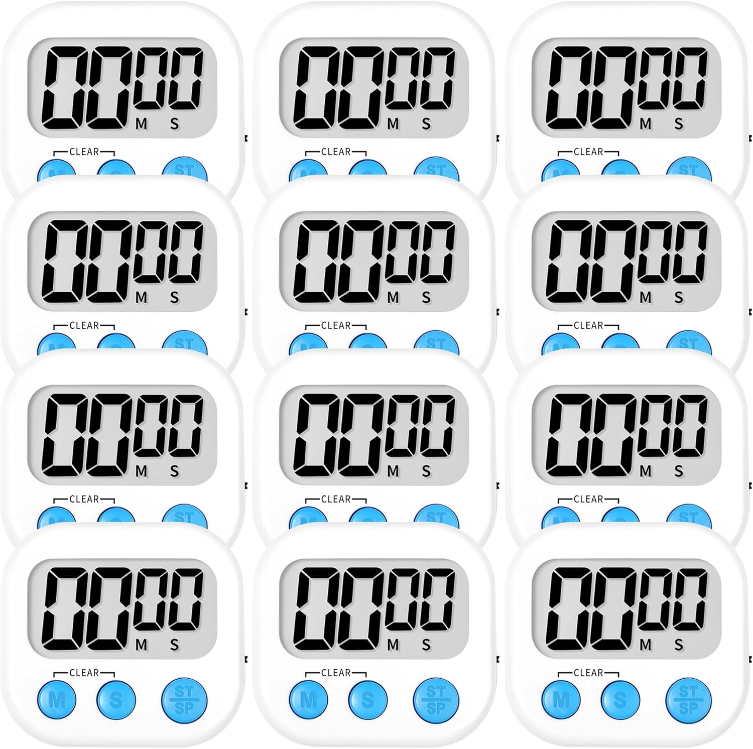ZILLEEN Kitchen Timer Digital with Magnetic Back for Kids Classroom, White 12 Pack