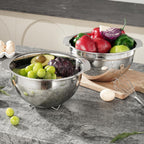18/8 Stainless Steel Microwell Colander, 3.5QT Large Capacity with Handle Kitchen Food Strainer Basket for Washing Vegetables, Fruits, Rice, and Pasta (primary colour, 3.5QTColander+3.5QT Mixing bowl)