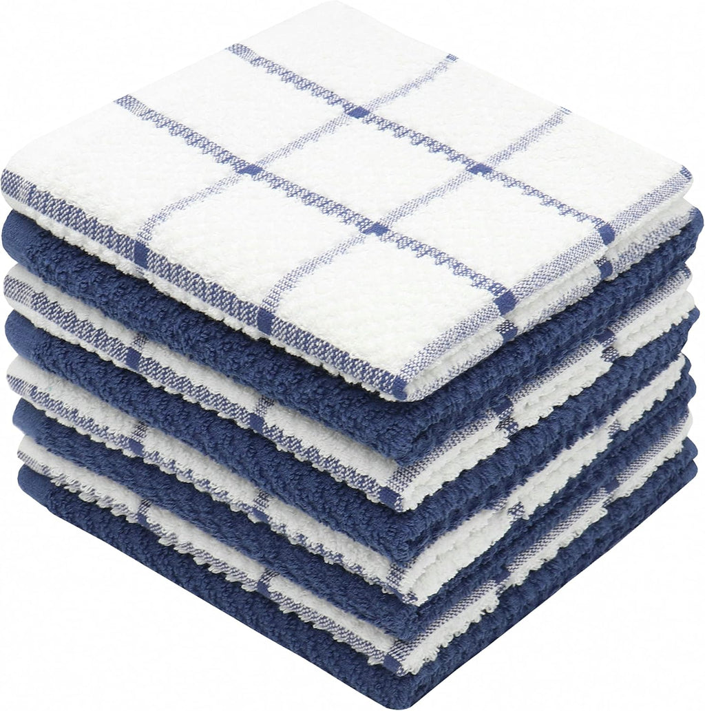 Cotton Grid Dish Cloths, Terry Cleaning Rags, 12 x 12 Inches, Light and Soft, Quick Drying Dish Rags, 8pc/Set (Blue Multi)