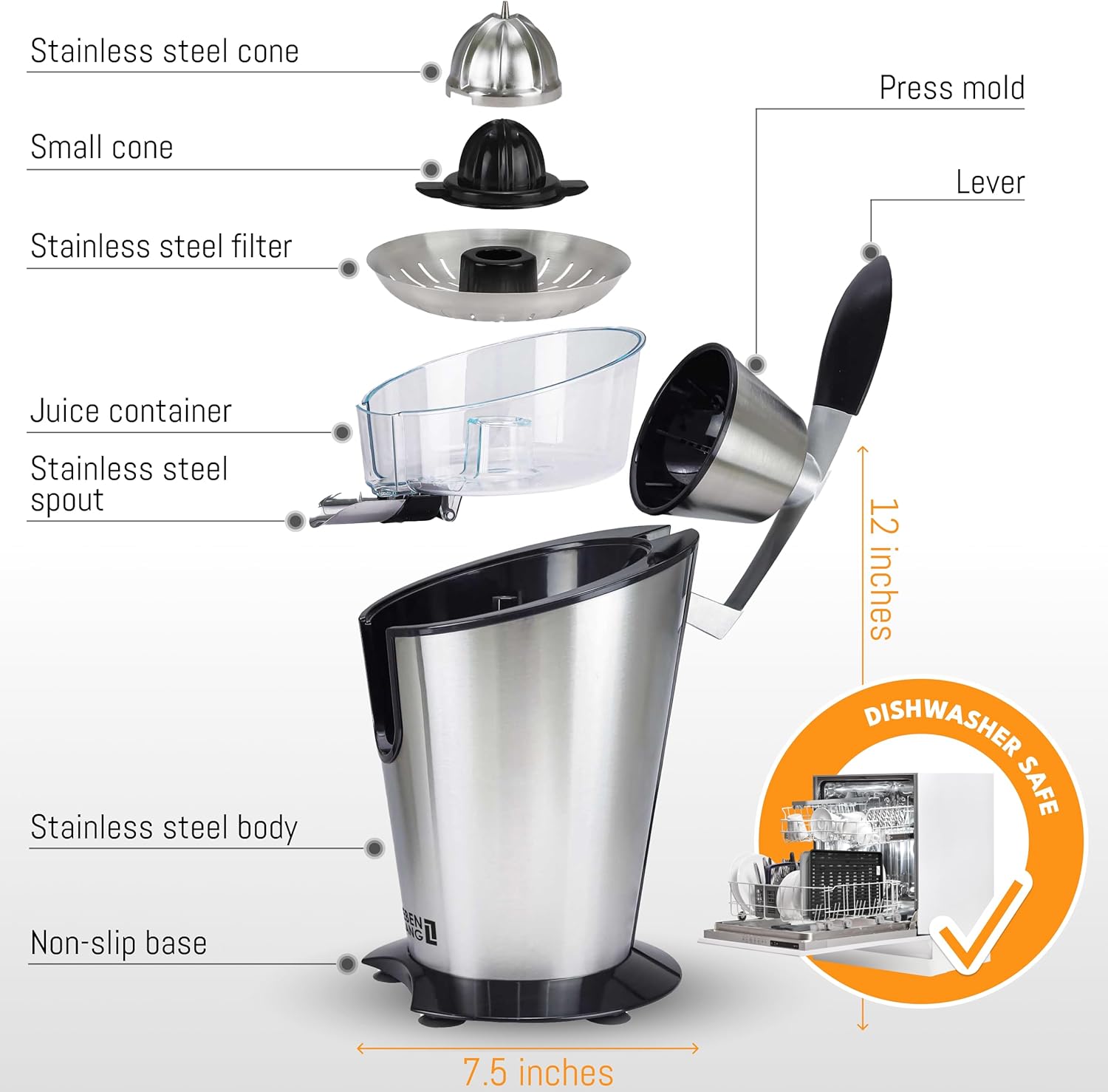 Electric citrus juicer with high juice yield | Orange juicer squeezer 200W + 2 cones I Exprimidor de limones electrico Small juicers machine mini for citrus lemon Esprimidoras naranjas jugo