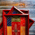 Swadeshi Blessings Handcrafted & Hand-Painted Embossed Wooden Serving Trays Set of 3- for Kitchen/Table & Home Decor/Dinning/Gifts/Restaurants/Living Room/Coffee Table (AntiqueRed)