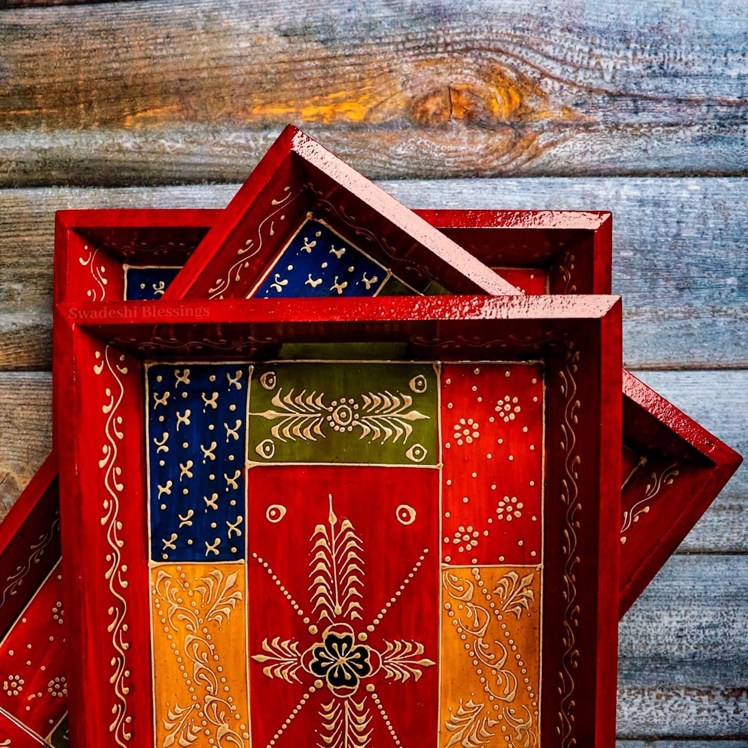 Swadeshi Blessings Handcrafted & Hand-Painted Embossed Wooden Serving Trays Set of 3- for Kitchen/Table & Home Decor/Dinning/Gifts/Restaurants/Living Room/Coffee Table (AntiqueRed)
