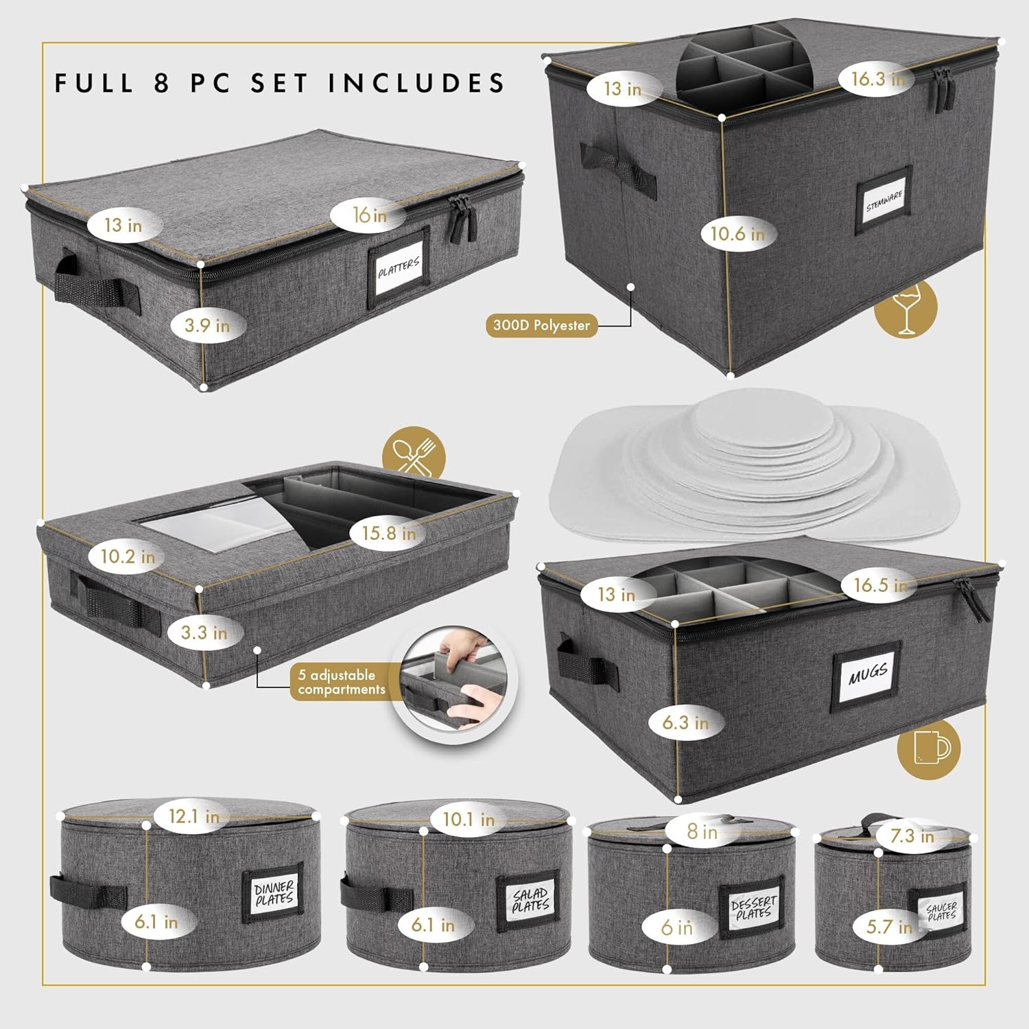 HOMELUX THEORY Platter Storage with Lid, Hard Shell China Storage Containers, Heavy Duty Dinnerware Storage Box with 5 Felt Pads and Thick Surface for Dishes and Dinner Plate, Move Out Essentials
