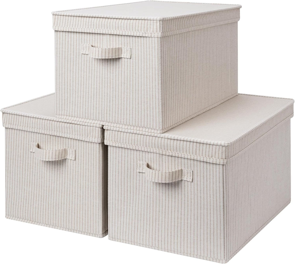 StorageWorks Storage Bins with Lids, Decorative Storage Boxes with Lid and Handles, Foldable Storage Baskets for Closet, Shelves, Stackable, Khaki Stripe, Jumbo, 3-Pack