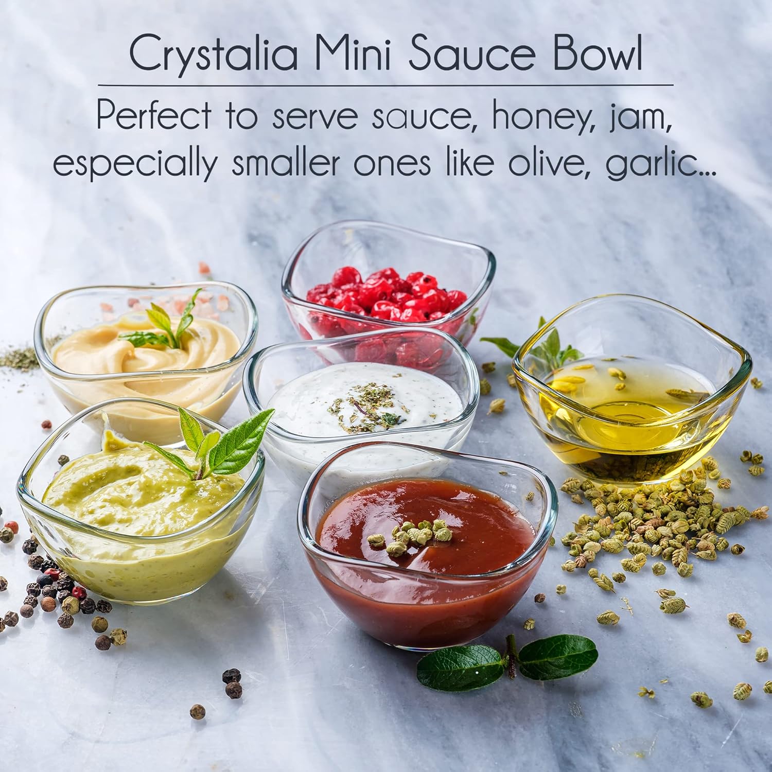 Volarium Mini Glass Prep Bowls Set of 6, 2 1/4 oz Capacity, Modern Style, Round Glass Bowl Set, Condiment & Spice Bowls, Transparent, Dishwasher & Microwave Safe