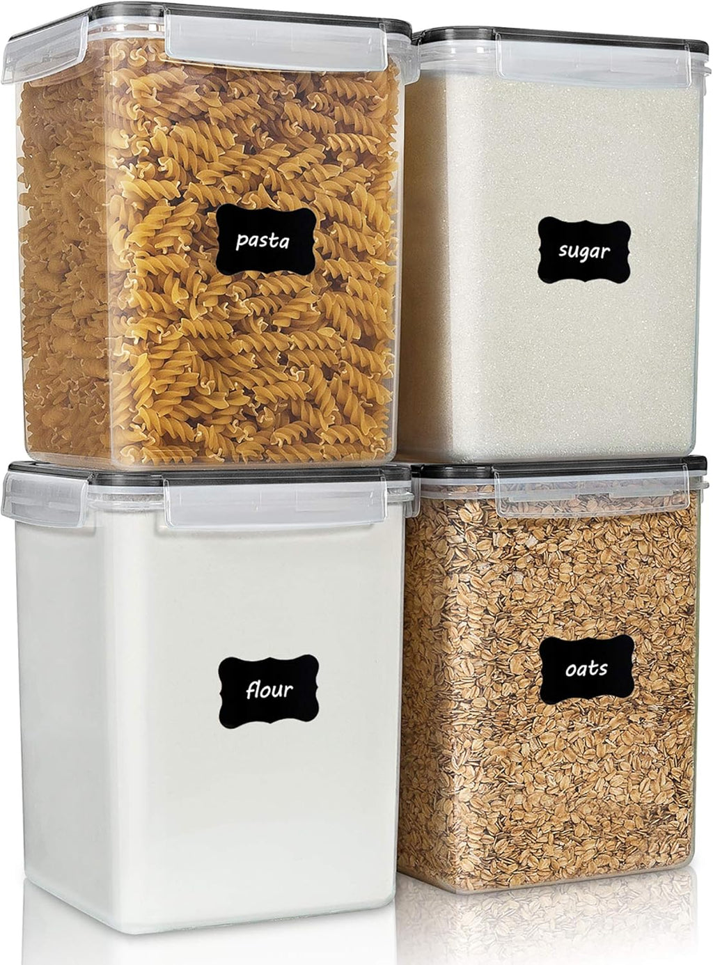 Vtopmart 4 PCS Large Food Storage Containers 5.2L / 175oz, 4 Pieces BPA Free Plastic Airtight Canisters for Flour, Sugar, Baking Supplies, Rice with Lids, 4 Measuring Cups and 24 Labels, Black