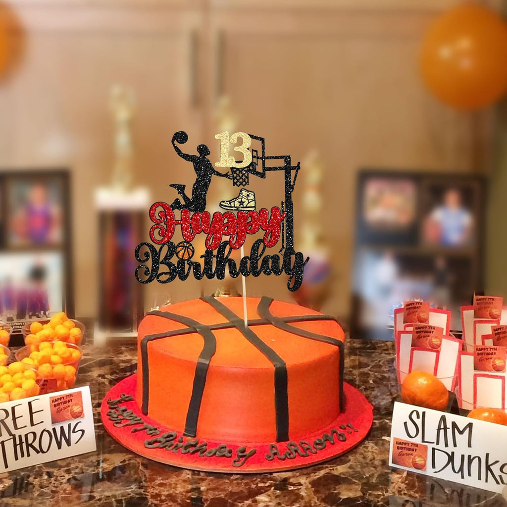 1Pc Happy 13th Birthday Basketball Cake Topper Glitter Basketball Sports Cake Pick Cheers to 13 Years Birthday Cake Decoration for 13th Party Supplies Black