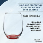 DISCOUNT PROMOS Stemless Wine Glasses in Bulk by ARC Perfection, 15 oz, 10 Pack, Red or White Wine Glass Set, Red