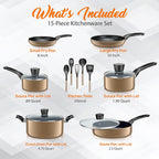 15-Piece Nonstick Kitchen Cookware Set - PTFE/PFOA/PFOS Free Heat Resistant Lacquer Kitchen Ware Pots Pan Set w/Bakelite Handles, Saucepan, Frying Pans, See-through Lid - SereneLife SLCW15GLD (Gold)