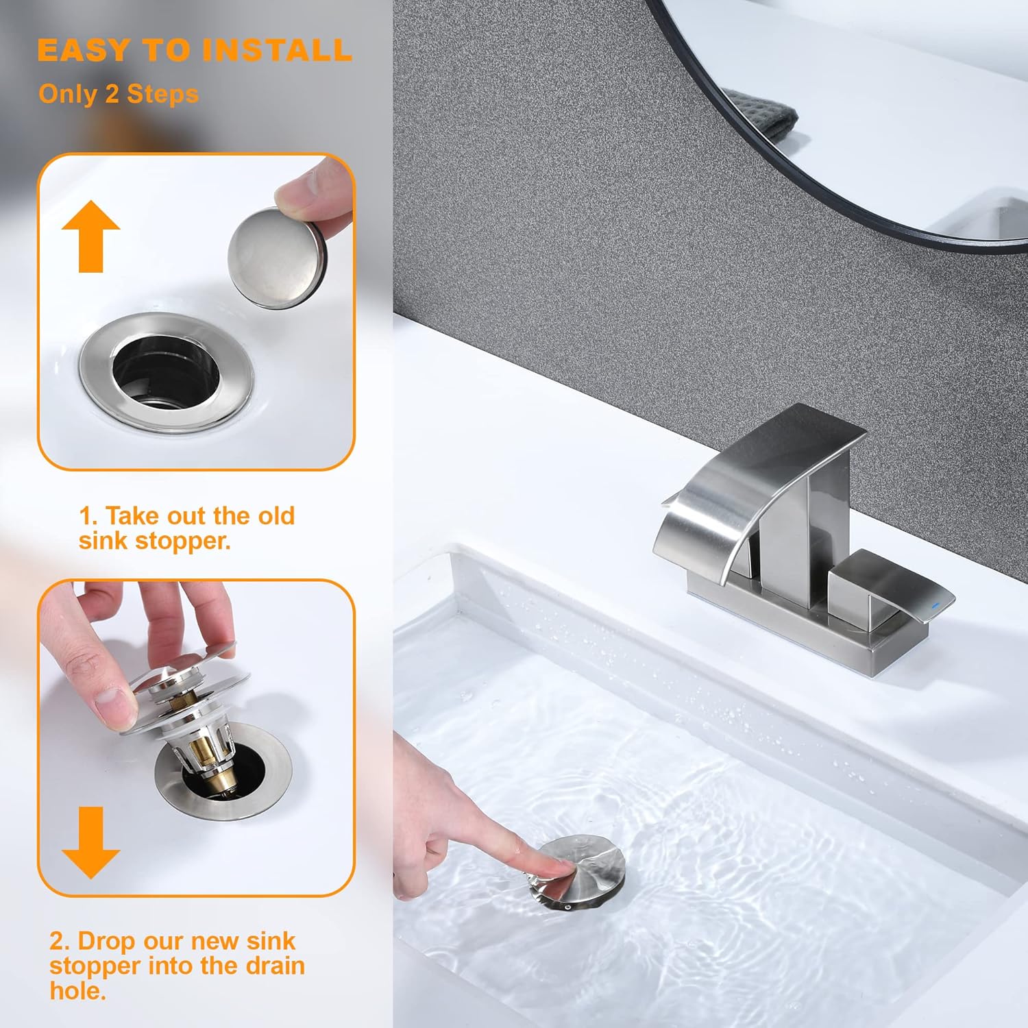 Bathroom Sink Drain Stopper 1.1~1.5 Inch, Universal Pop Up Sink Stopper, Anti-Clogging Sink Drain Strainer with Hair Catcher, Bounce Push Type Sink Drain Filter (Brushed Nickel)