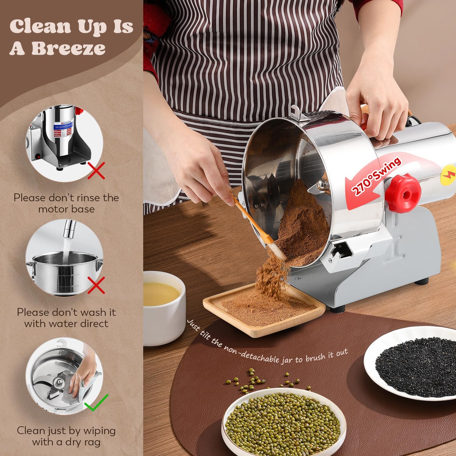 Moongiantgo 2000g Grain Mill Grinder Commercial Spice Grinder 3000W Stainless Steel Electric Pulverizer Dry Grinding Machine for Wheat Corn Rice Pepper Herbs Coffee Beans (2000g Swing, 110V)
