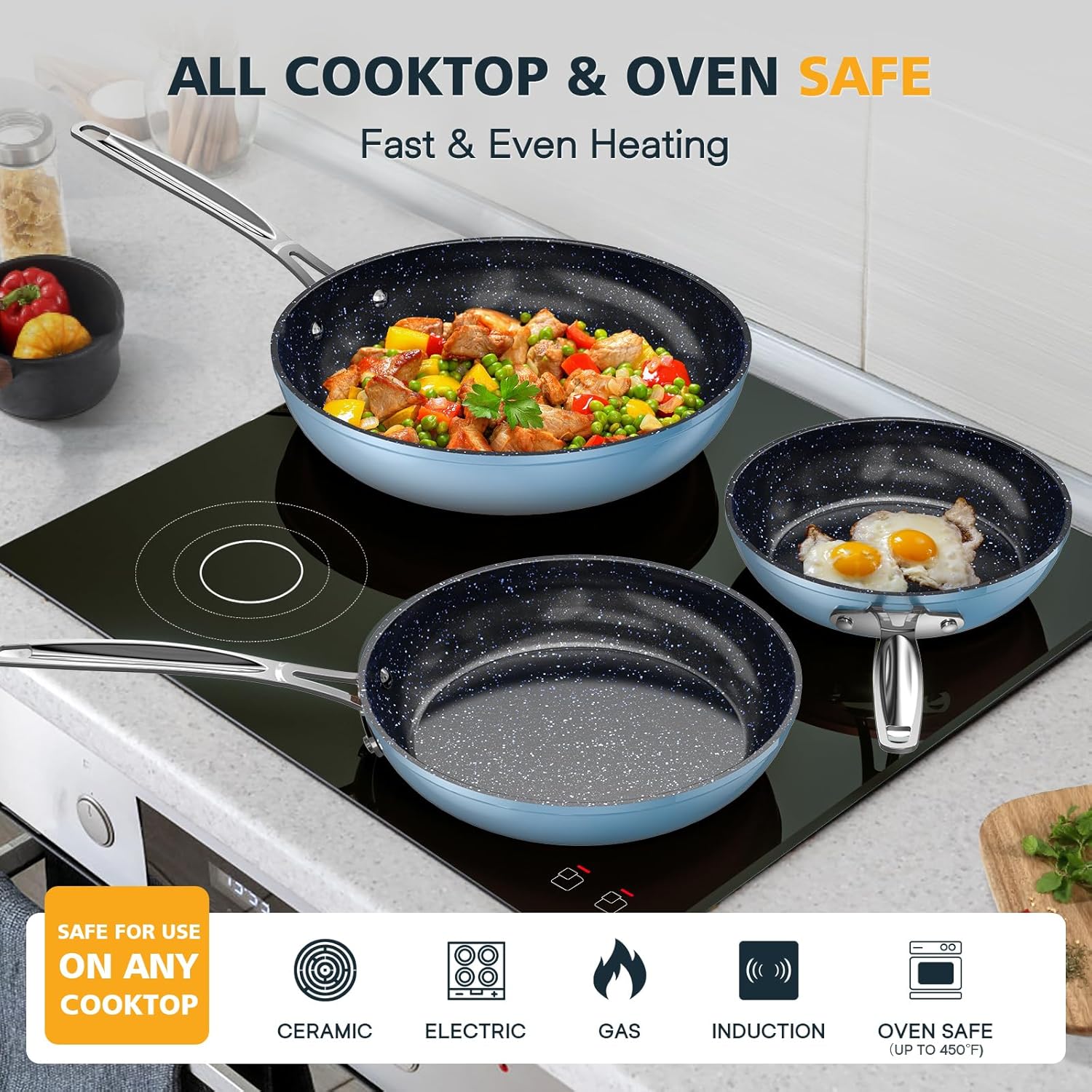 Nuwave 3-Piece 8”, 10”, 12” Forged Lightweight Frying Pan Set, G10 Healthy Duralon Blue Ceramic Ultra Non-Stick, Ergonomic Stay-Cool Handles, Induction-Ready & Works on All Cooktops