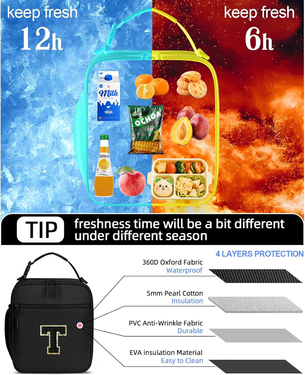 Initial Insulated Lunch Bag for Boys Kids, Back to School Gift, Reusable Leak-proof Lunch Box with Adjustable Strap for School Daycare Travel Picnic（Black，T）