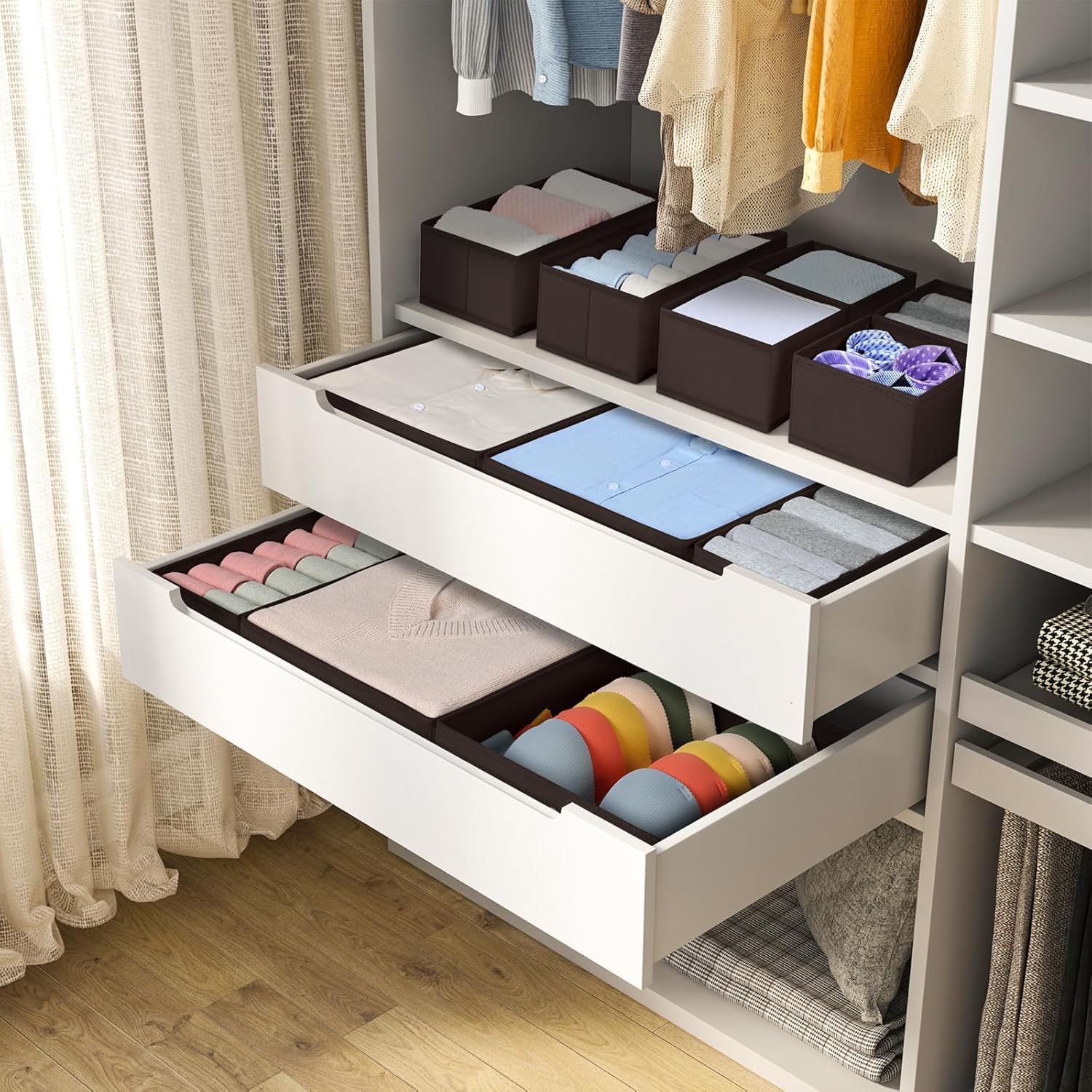 DIMJ Drawer Organizer Clothes, 12 Pack Underwear Organizer, Foldable Closet Organizers, Sock Organizer Bra Organizer, Fabric Dresser Organizer for Clothes, Bra, Socks, Tie (Brown)