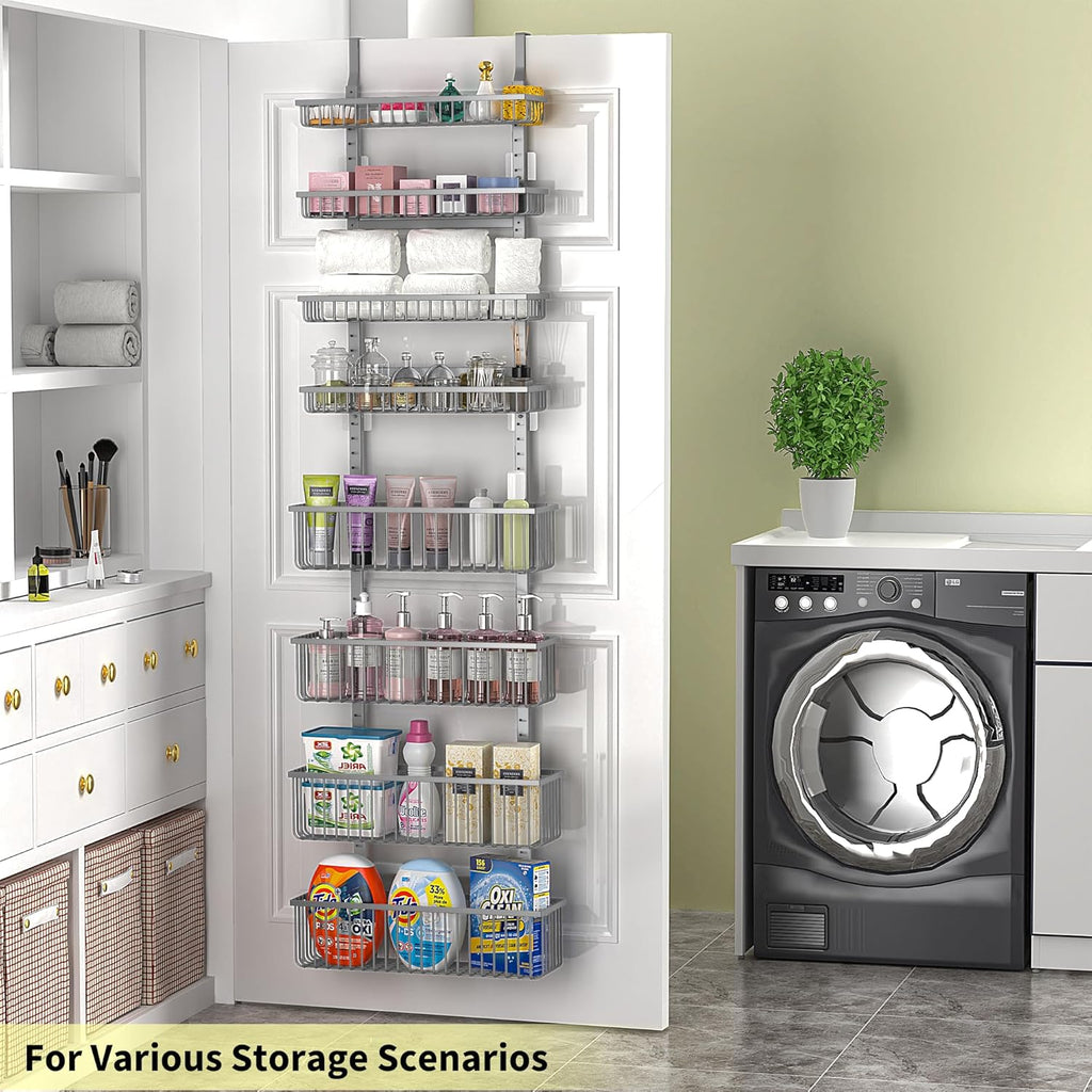 Moforoco Grey Over The Door Pantry Organizer, Pantry Door Organizer Shelves, Kitchen Organizers and Storage, Hanging Basket Wall Spice Rack Seasoning Shelves, Laundry Room Bathroom accessories