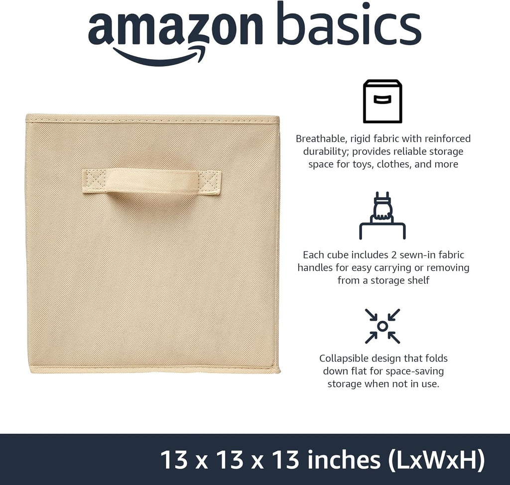 Amazon Basics Collapsible Fabric Storage Cube Bins Organizer with Handles, Sturdy, Beige, 13-x-13-x-13-inch, Pack of 6