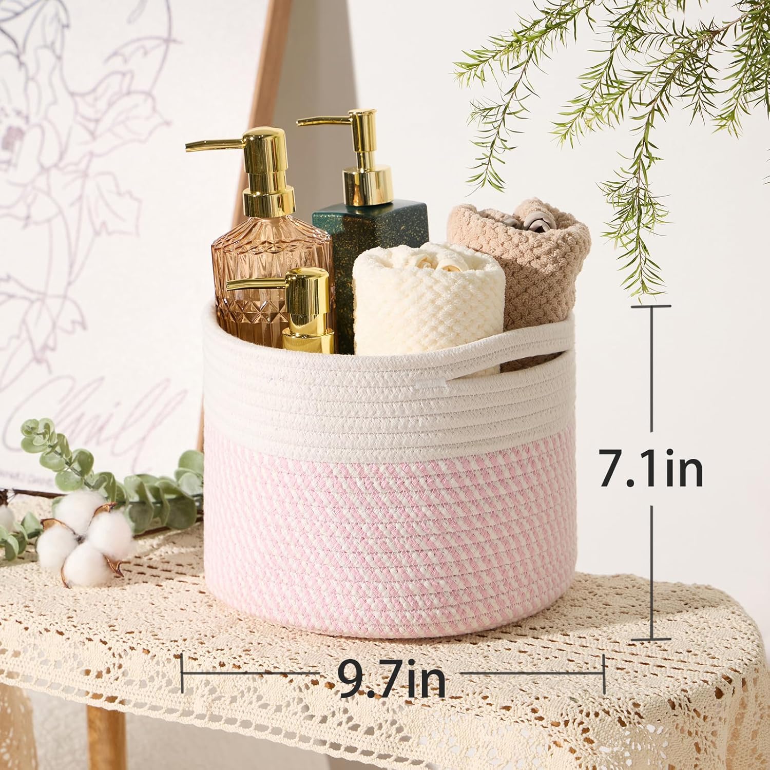Small Basket for Organizing | Cube Shelf Closet Storage Baskets | 9.7×9.7×7.1” | Woven Rope Gift Basket | Nursery | Round 3 Packs Pink