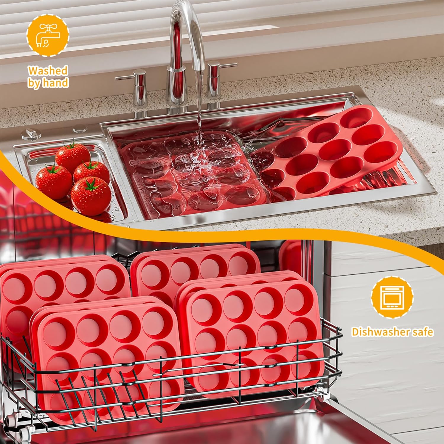 Bangp 12-Cup Silicone Muffin Pan with Metal Reinforced Frame,2 Pack Regular Size Cupcake Pan,Premium Non-Stick Bend Resistance Silicone Molds for Making Muffin,Cakes,Tart,Egg Bites (Red & Blue)