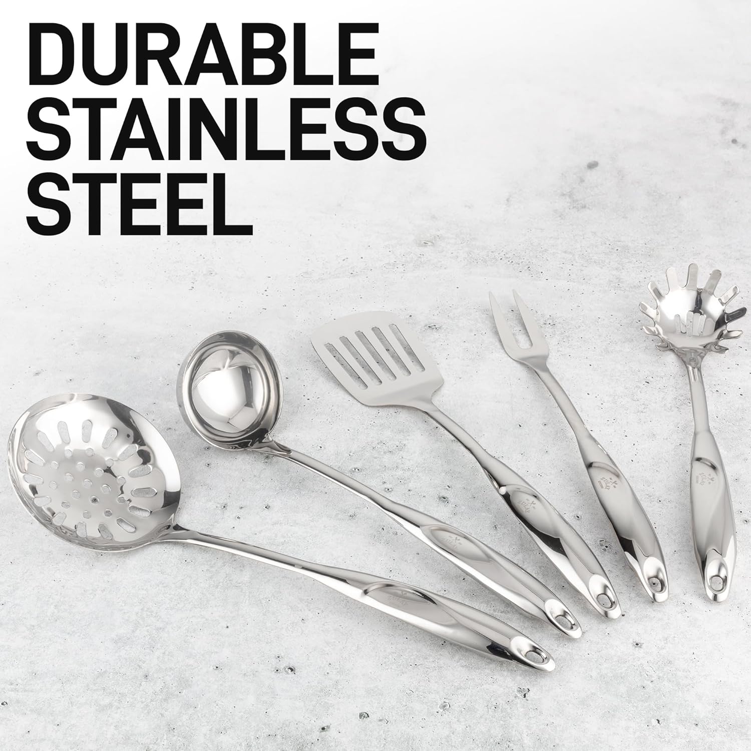 Zulay Kitchen Stainless Steel Cooking Utensil - Stainless Steel Kitchen Utensil - Durable Kitchen Gadgets - Metal Kitchen Accessories - Easy to Clean Kitchen Tools - 5 Piece Set