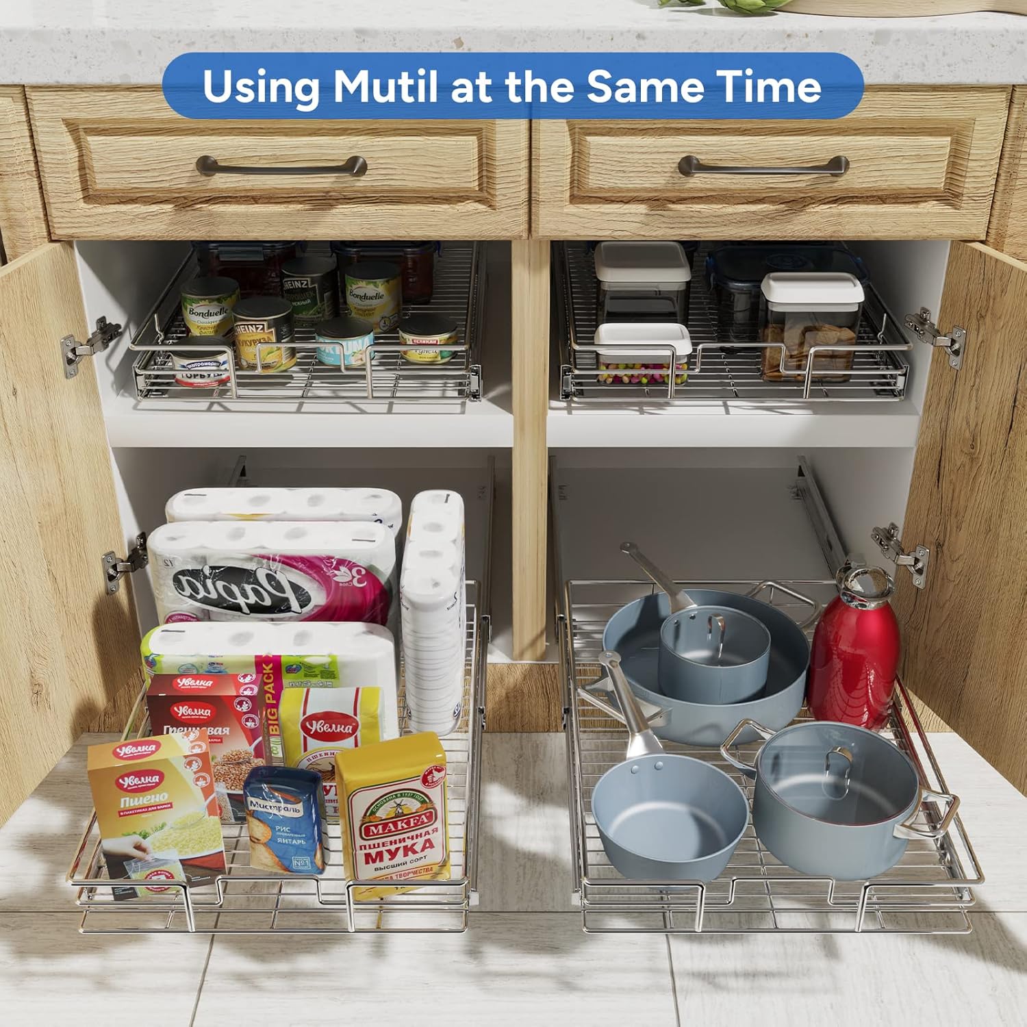 ROOMTEC Pull Out Cabinet Organizer, Cabinet Pull Out Shelves 28½" W x 21½" D, Heavy Duty Cabinet Drawers Slide Out Kitchen Cabinet Organizers Storage Shelf